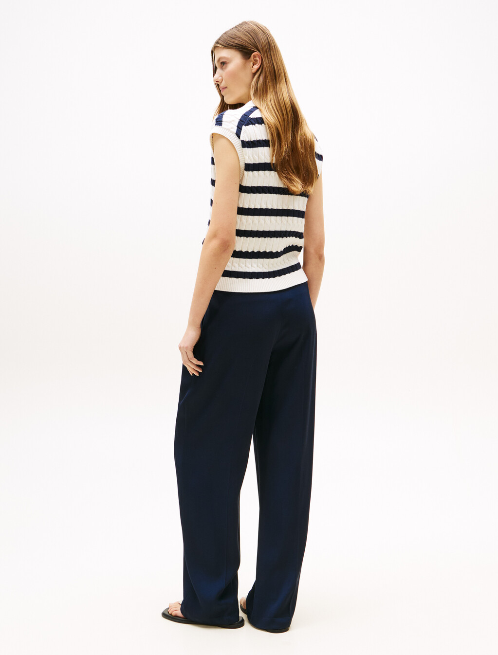 Cable Knit Open Polo Vest, Ivory Silk/Dark Night Navy Stp, hi-res