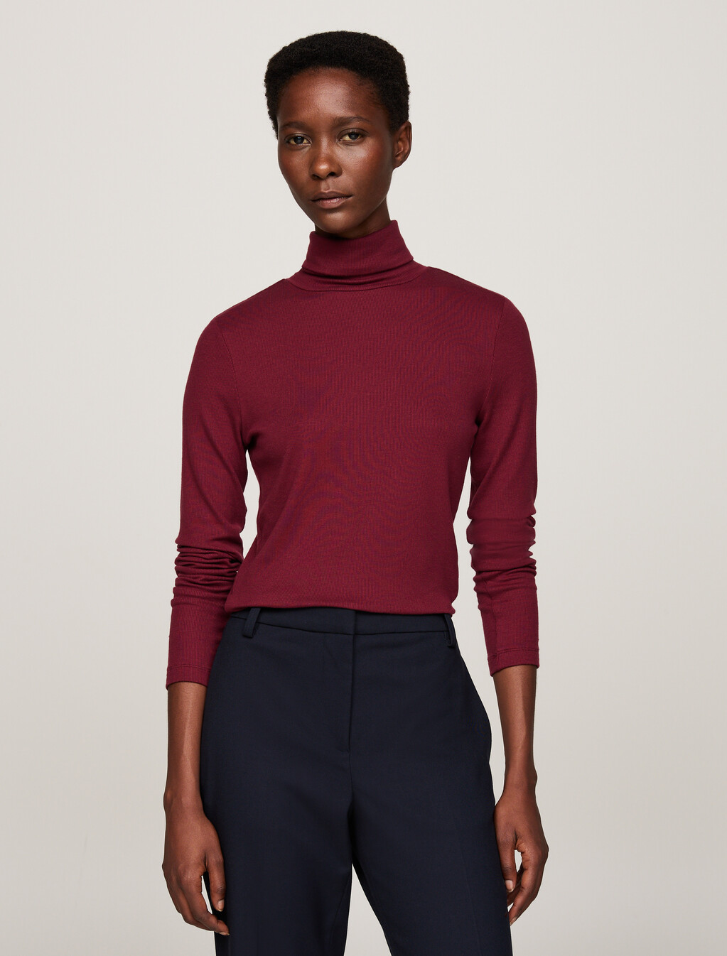 Roll Neck Long Sleeve Slim T-Shirt, Deep Rouge, hi-res