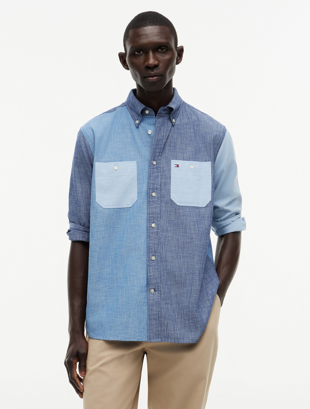 Relaxed Fit Colour-Blocked Chambray Shirt, Mid Blue / Check, hi-res