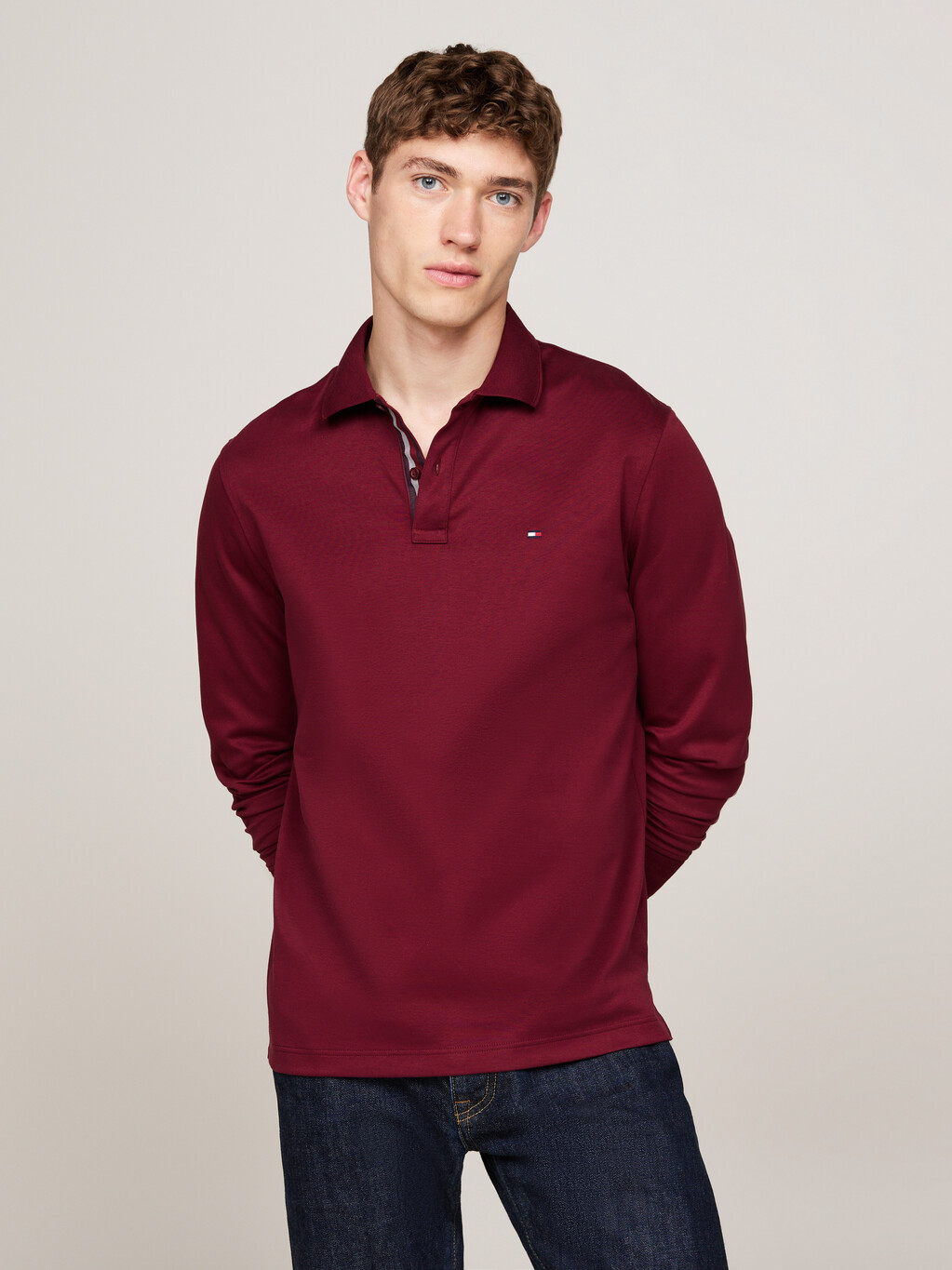 Jacquard Long Sleeve Polo Shirt, Deep Rouge, hi-res