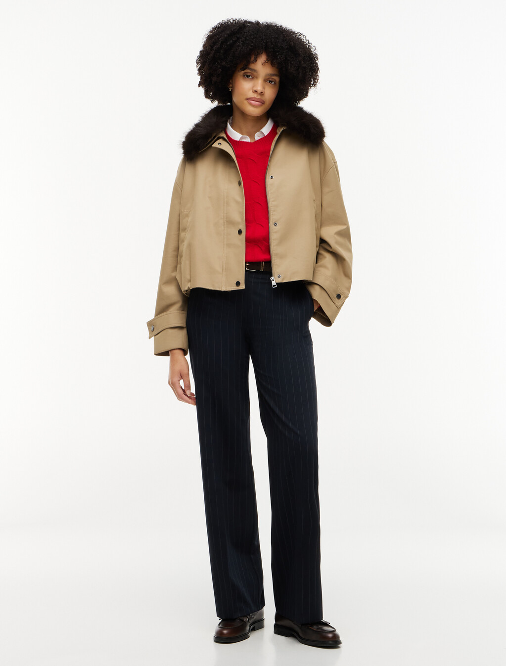 Faux Fur Collar Oversized Bomber Jacket, Camel, hi-res