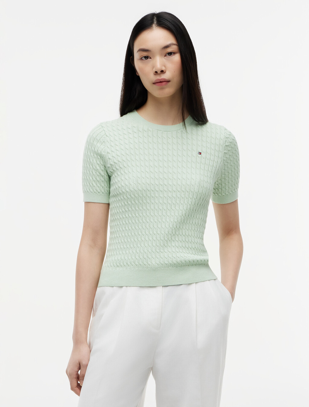 Fine Gauge Cable Knit Short Sleeve Jumper, Gentle Jade, hi-res