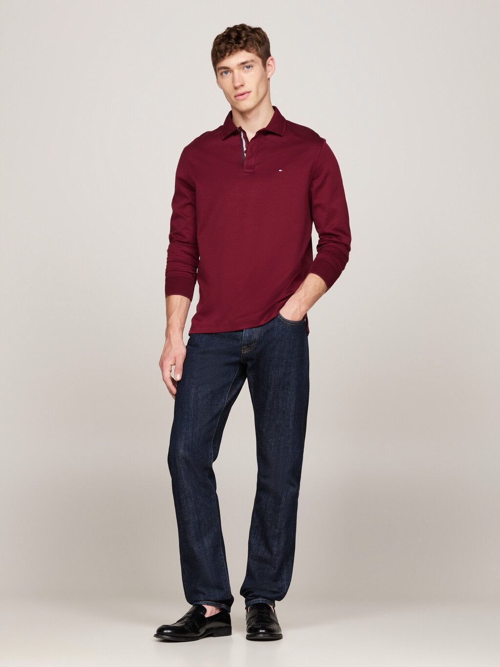 Jacquard Long Sleeve Polo Shirt, Deep Rouge, hi-res