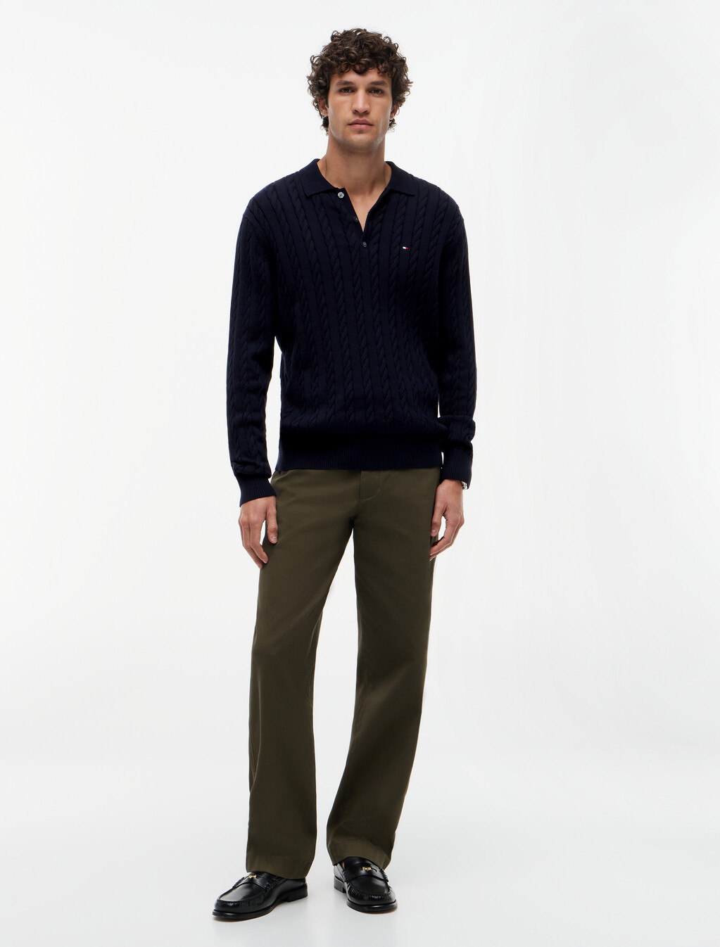 Cable Knit Polo Jumper, Desert Sky, hi-res