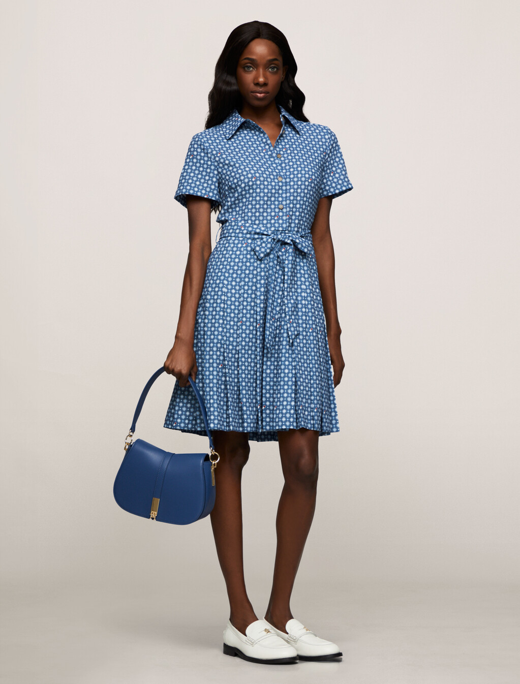 Foulard Pleat Shirt Dress, Heritage Foulard/ Fossil Blue, hi-res