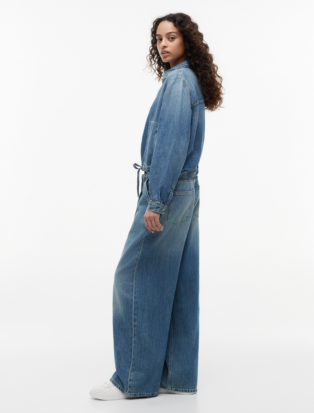 Drawstring Loose Wide Leg Jeans With Linen, Denim Medium, hi-res