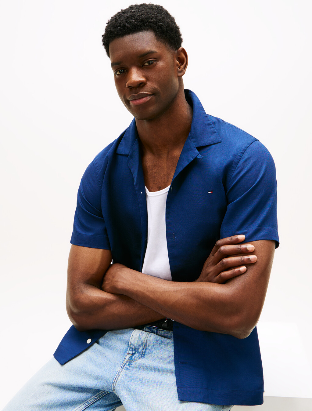 Linen Blend Short Sleeve Shirt, Carbon Navy, hi-res
