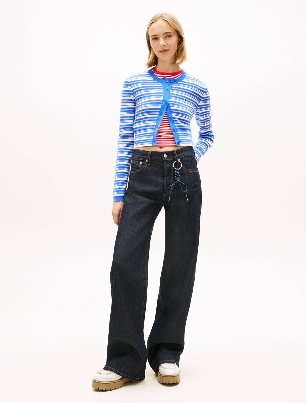 Stripe Slim Crew Neck Cardigan, Empire Blue, hi-res