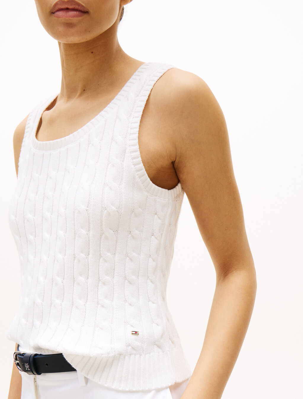 Cable Knit Sleeveless Sweater, Ecru, hi-res