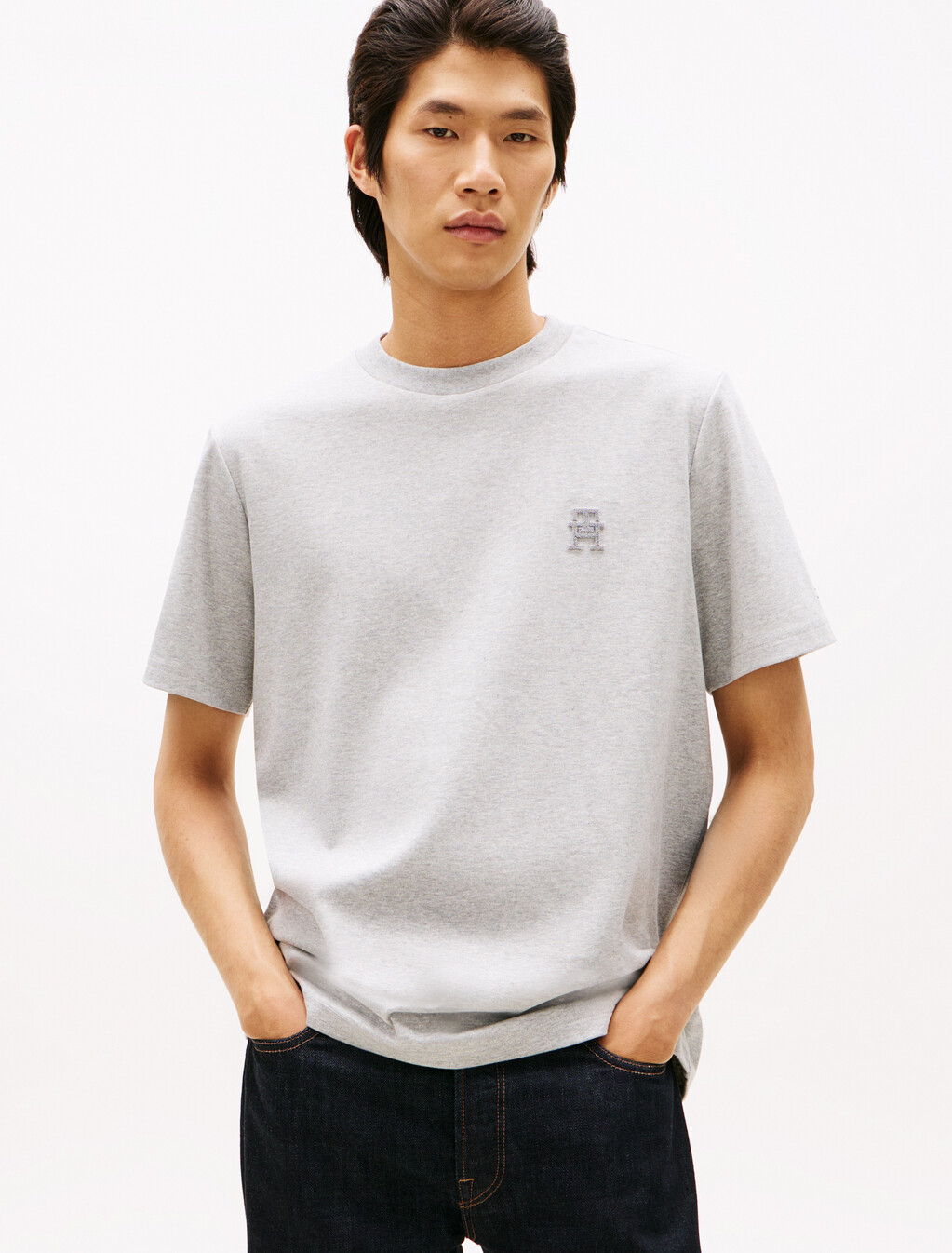 TH Monogram Applique Double Knit T-Shirt, Light grey heather, hi-res