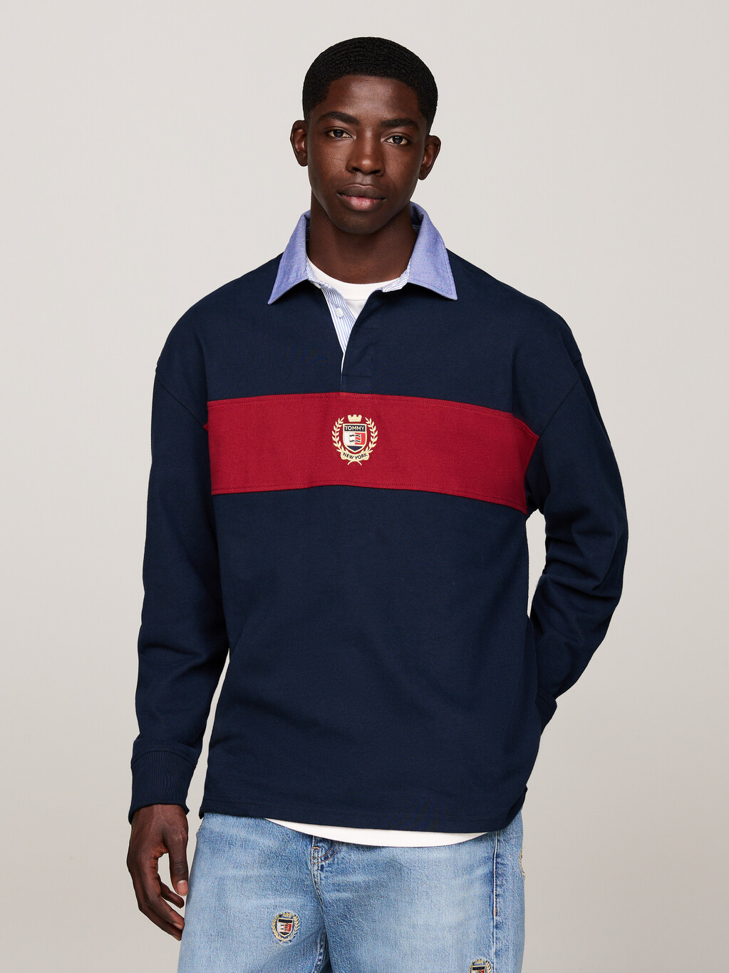 Colour-Blocked Oversized Rugby Shirt, Dark Night Navy, hi-res