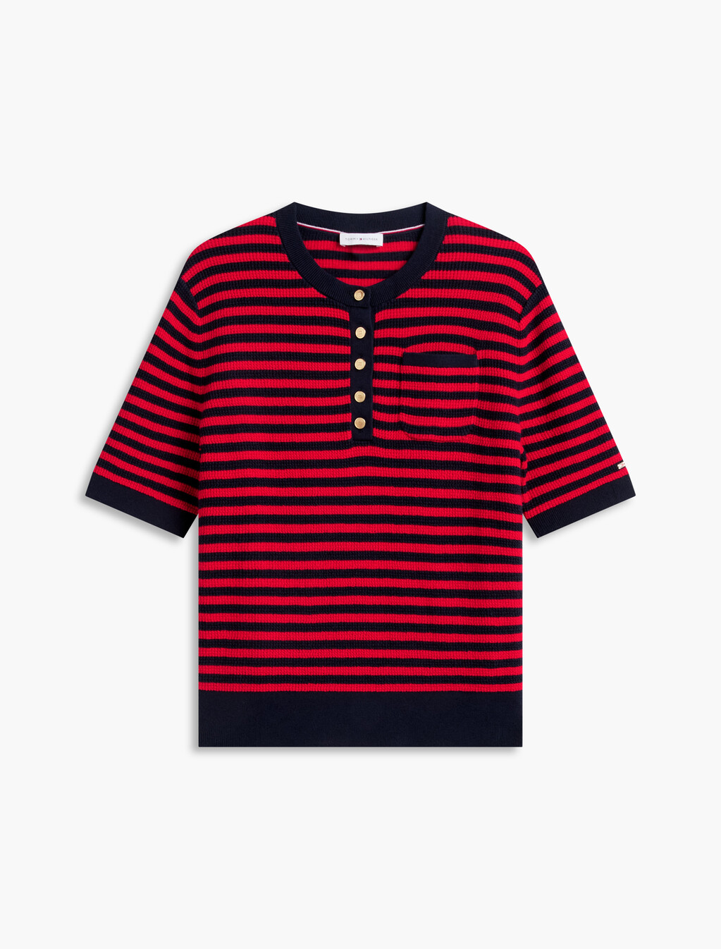 Gold-Tone Button Henley Short Sleeve Jumper, Dark N Navy/Fire Red Stp, hi-res