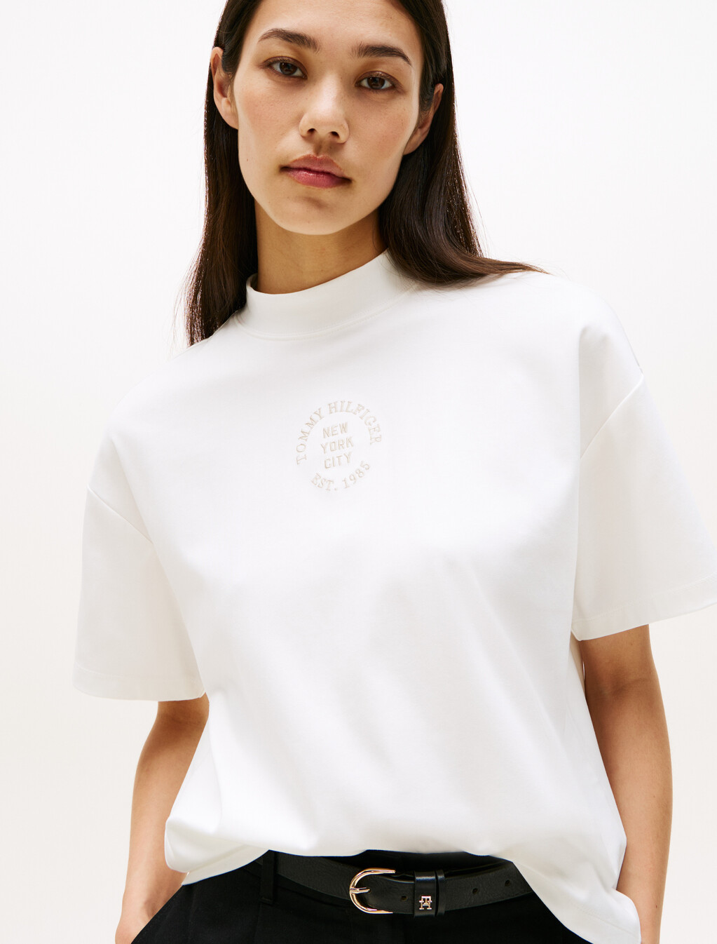 Stamp Print Relaxed Mock Neck T-Shirt, Ecru, hi-res