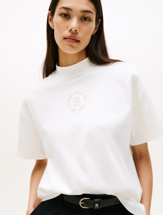 Stamp Print Relaxed Mock Neck T-Shirt