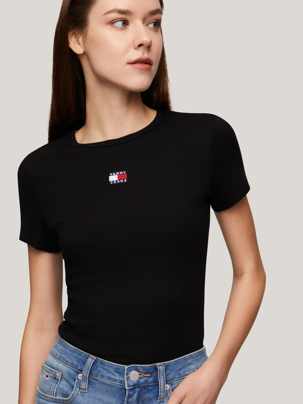 Slim Badge Ribbed T-Shirt, Black, hi-res