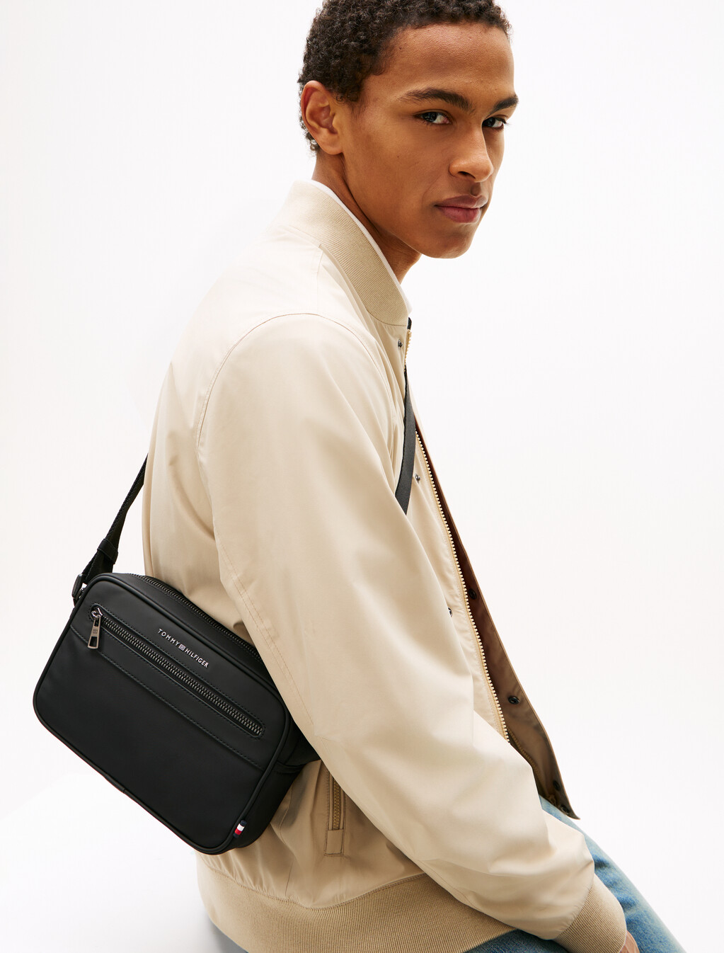 Metal Logo Crossbody Reporter Bag, Black, hi-res