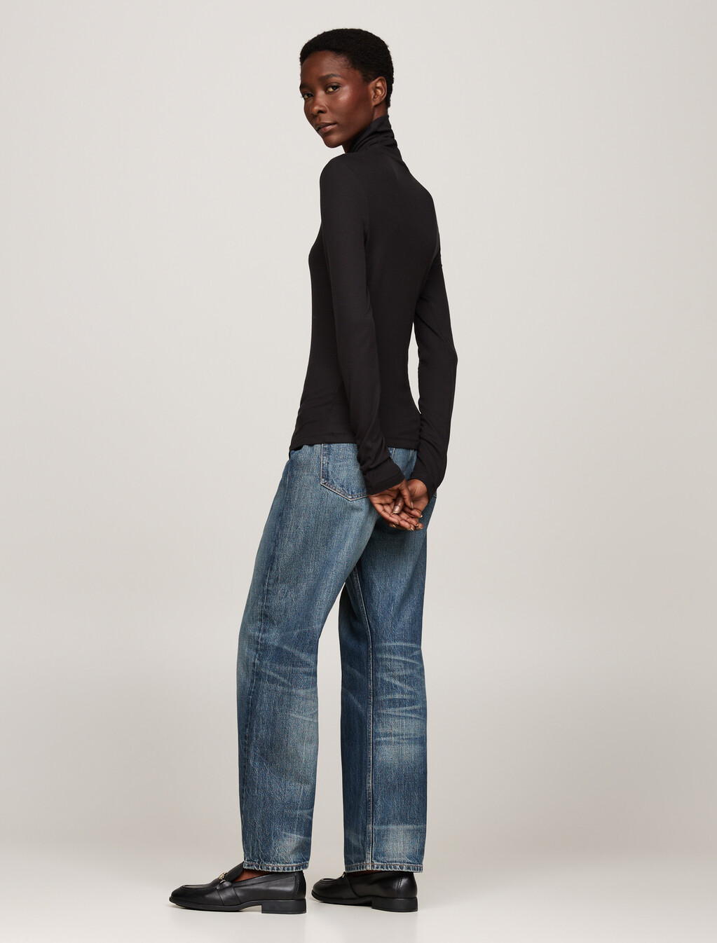 Roll Neck Long Sleeve Slim T-Shirt, Black, hi-res