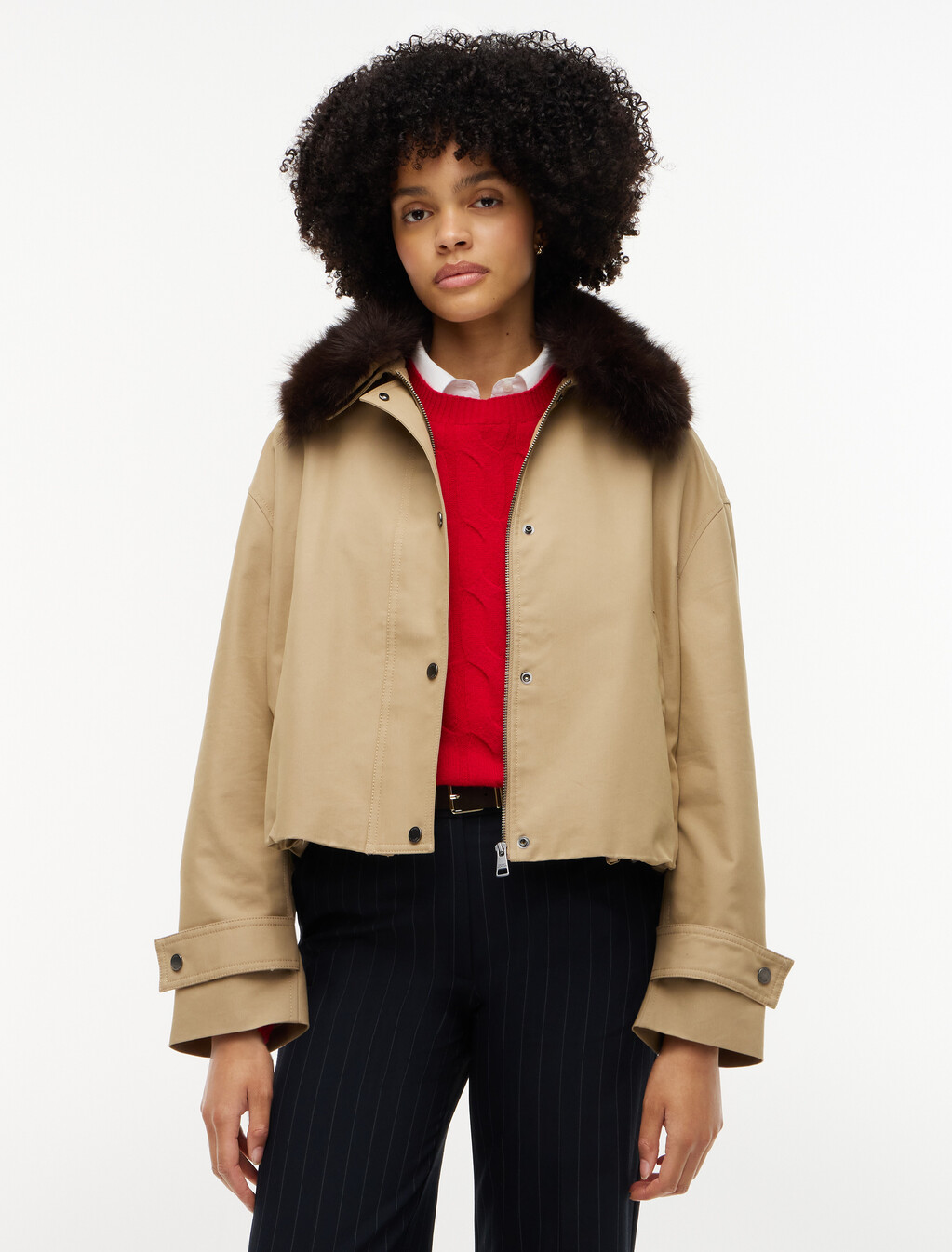 Faux Fur Collar Oversized Bomber Jacket, Camel, hi-res