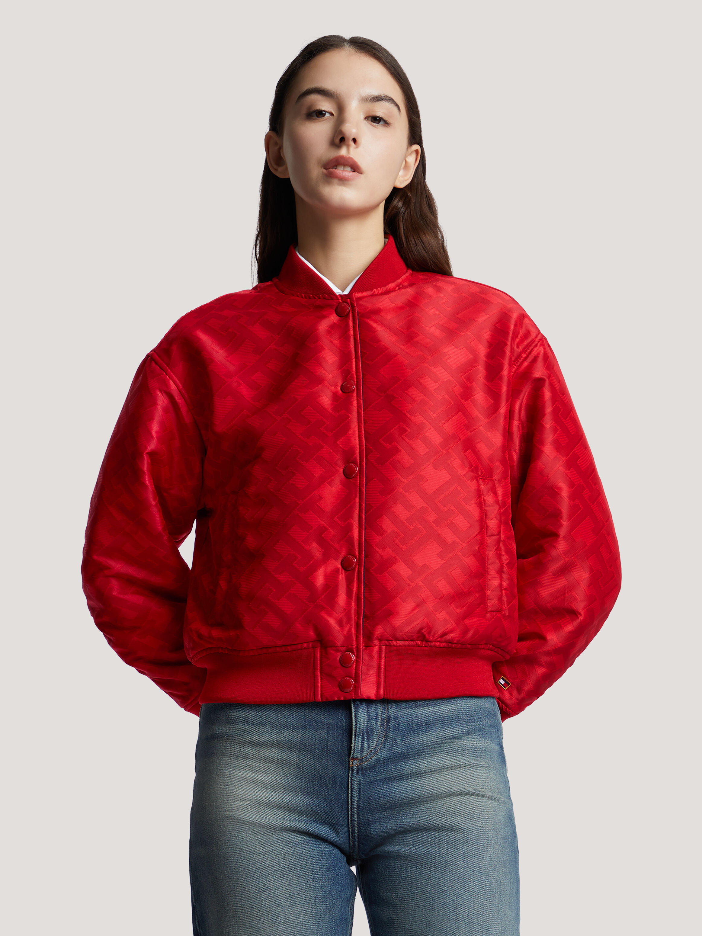 Red quilted bomber jacket sales