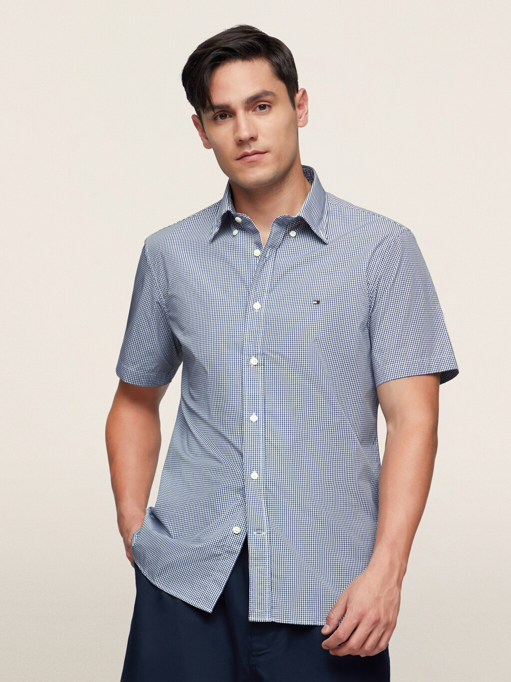 Micro Gingham Check Button Down Short Sleeve Shirt, Blue Check, hi-res