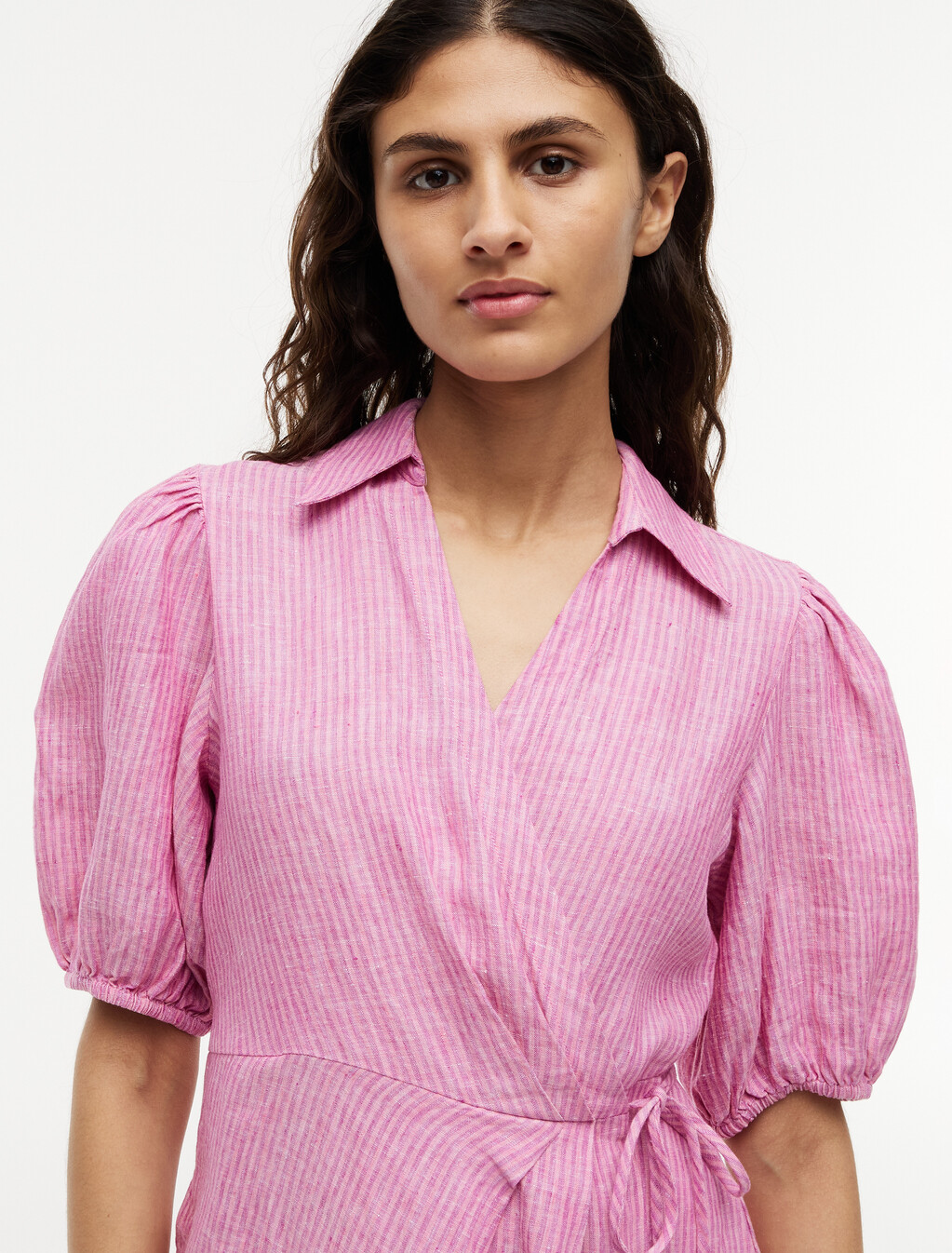Pure Linen Relaxed Mini Wrap Dress, Mini Classic Pink Stripe, hi-res