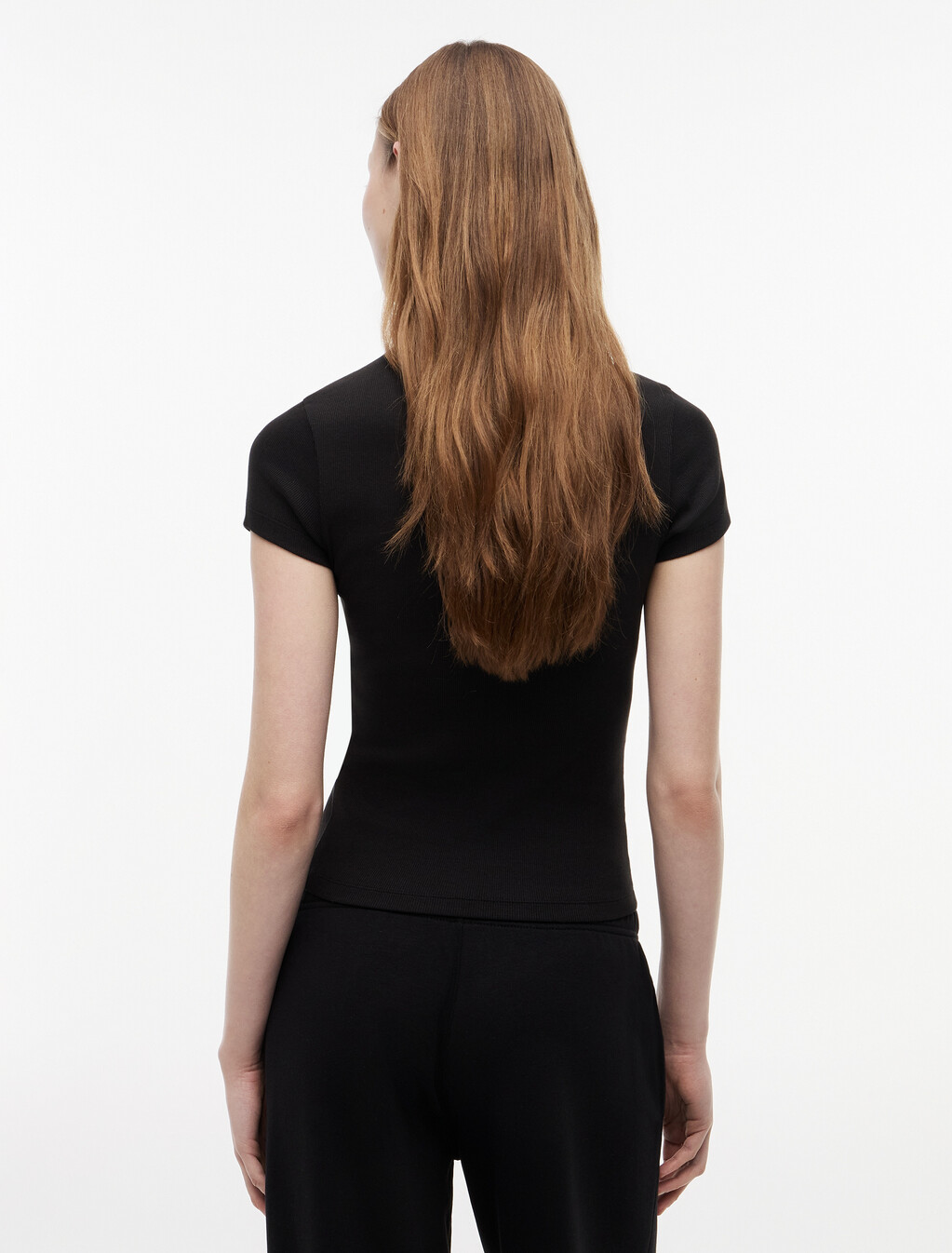 Essential Logo Slim Rib Knit T-Shirt, Black, hi-res