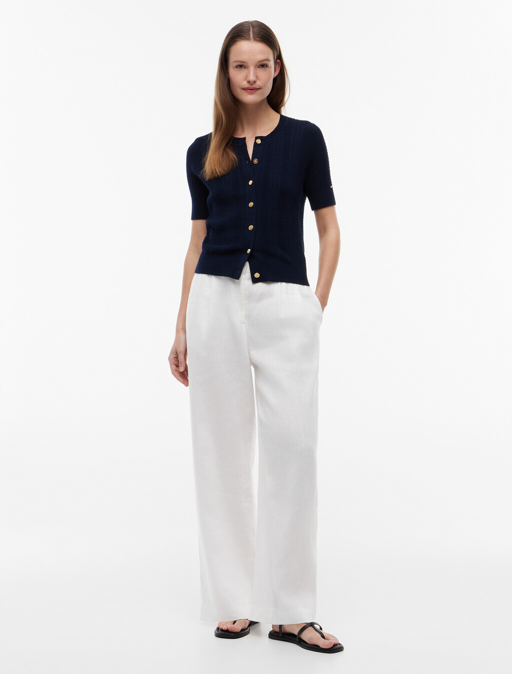 Pointelle Gold-Tone Button Short Sleeve Cardigan, Dark Night Navy, hi-res