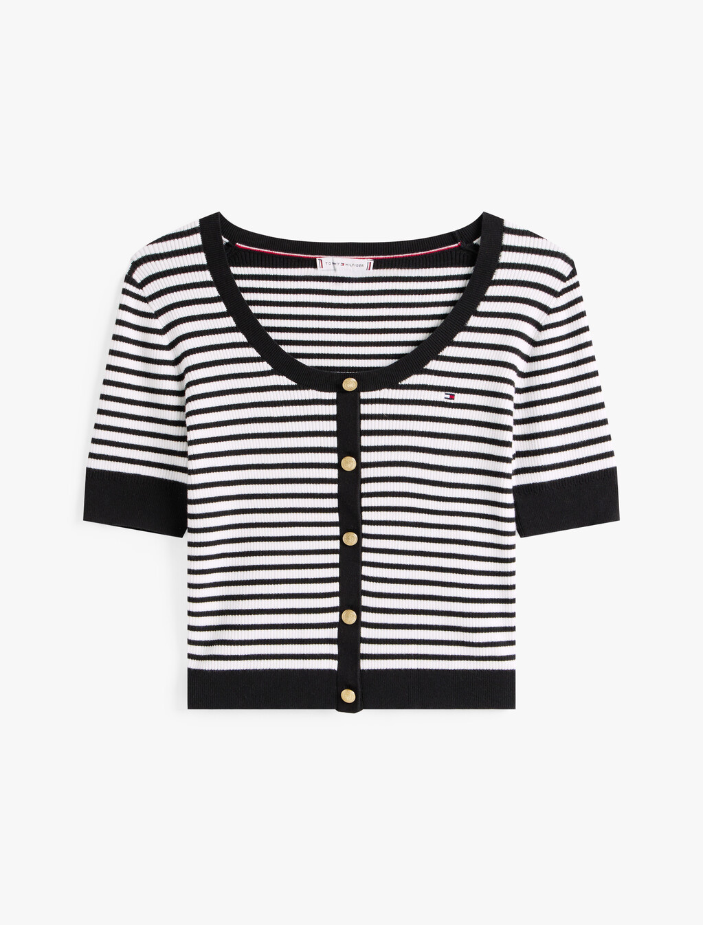 Stripe Short Sleeve Scoop Neck Cardigan, Black Stripe/Ecru, hi-res