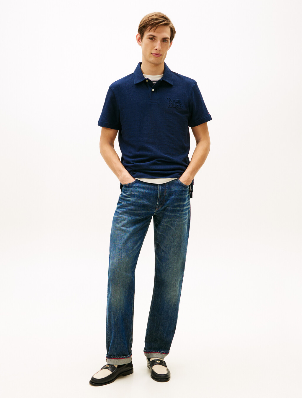 Reverse Terry Embossed Logo Polo, Dark Night Navy, hi-res