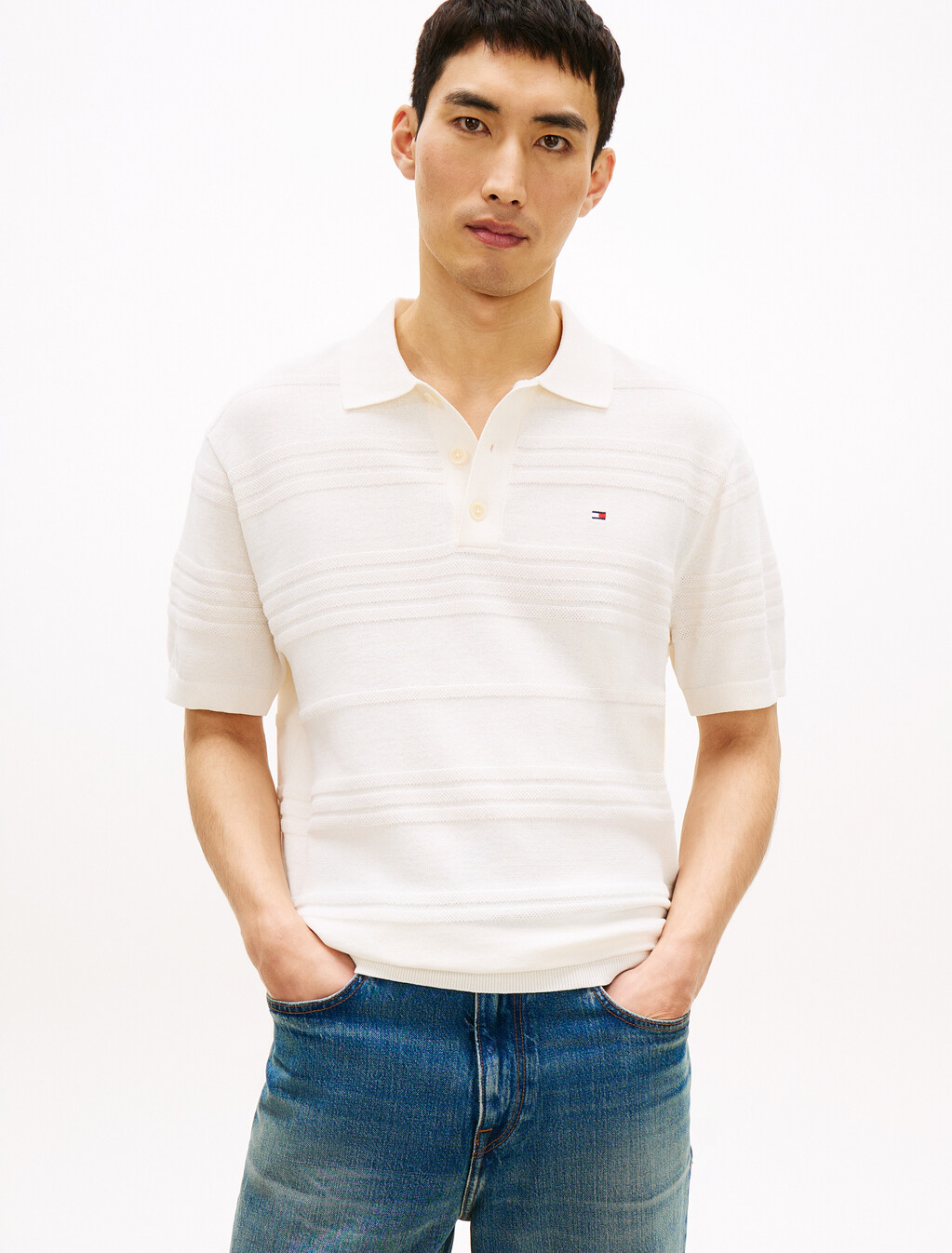 Cotton Blend Short Sleeve Polo, Ivory Petal, hi-res