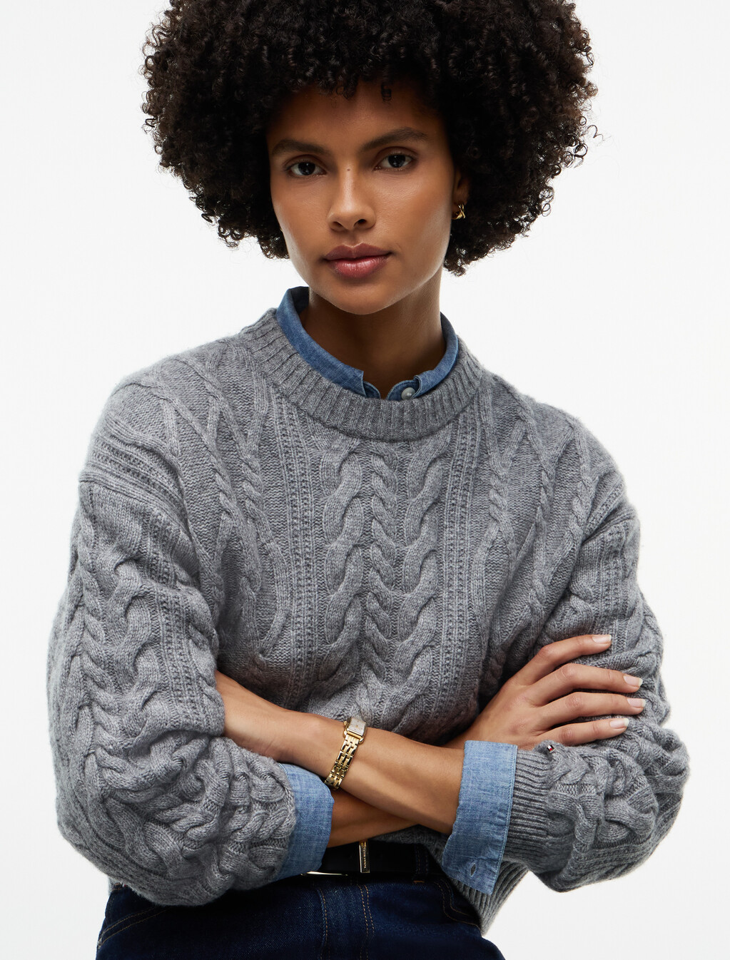 Relaxed Cable Knit Jumper With Silk, Medium Grey Heather, hi-res