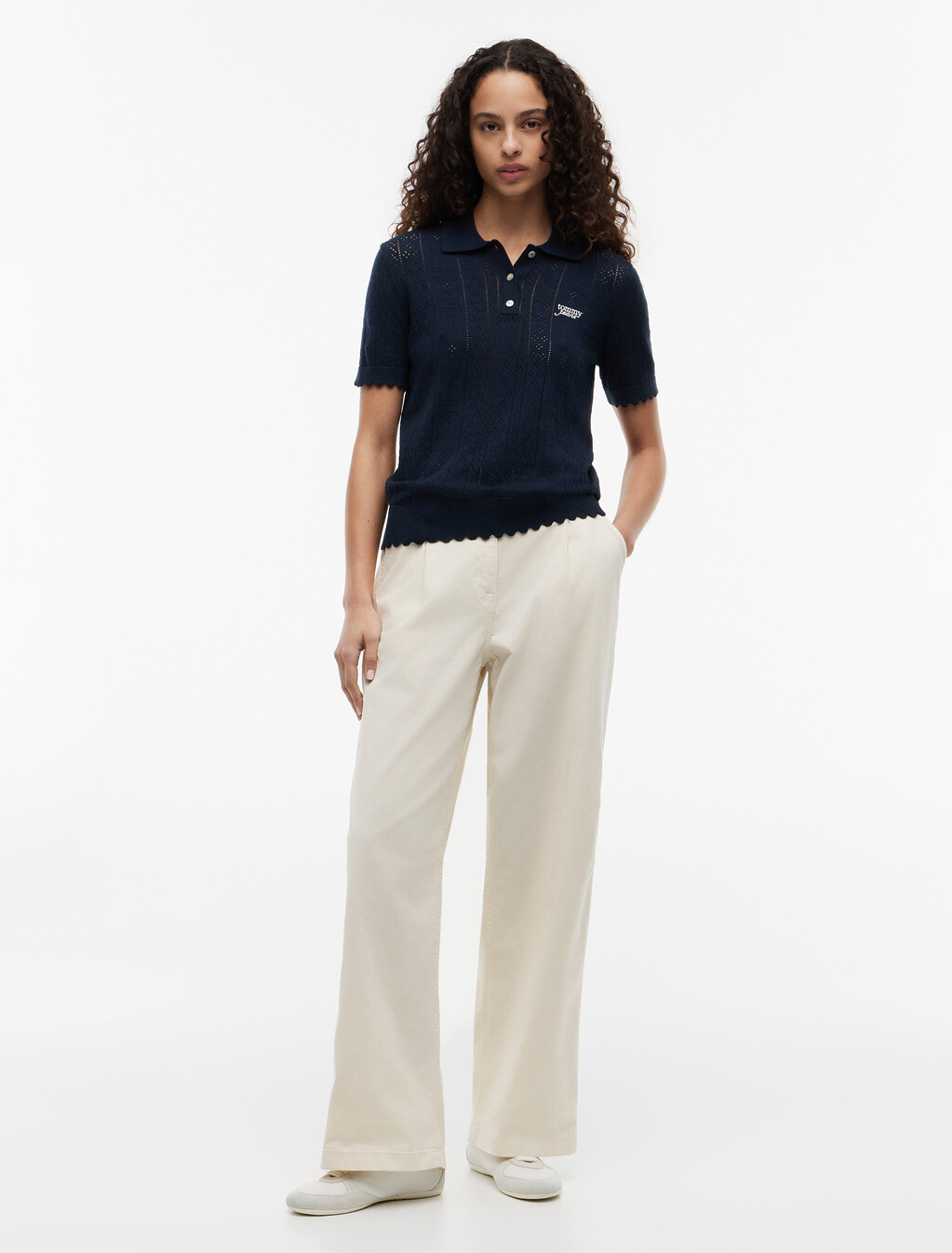 Pointelle Flag Short Sleeve Polo Jumper, Dark Night Navy, hi-res