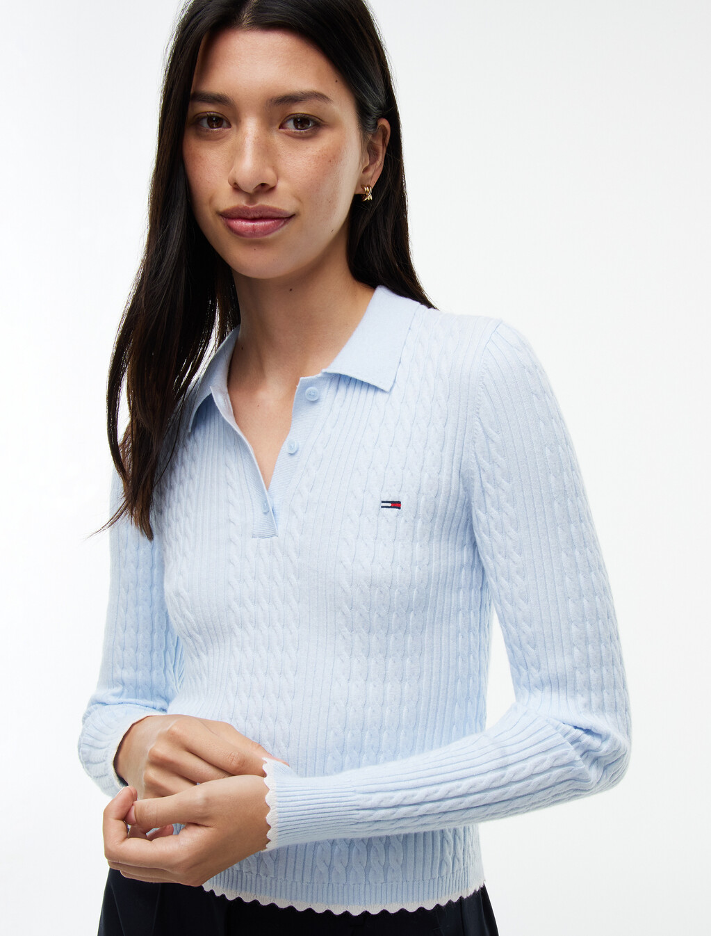 Micro Cable Knit Slim Polo Jumper, Sheer Blue, hi-res