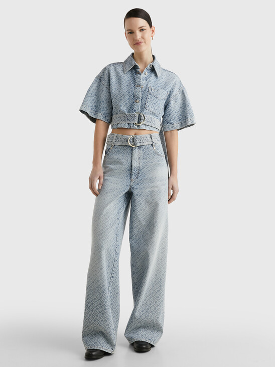 CROPPED MONOGRAM SHORT SLEEVE DENIM SHIRT