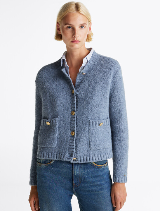 Gold-Tone Button Textured Cardigan