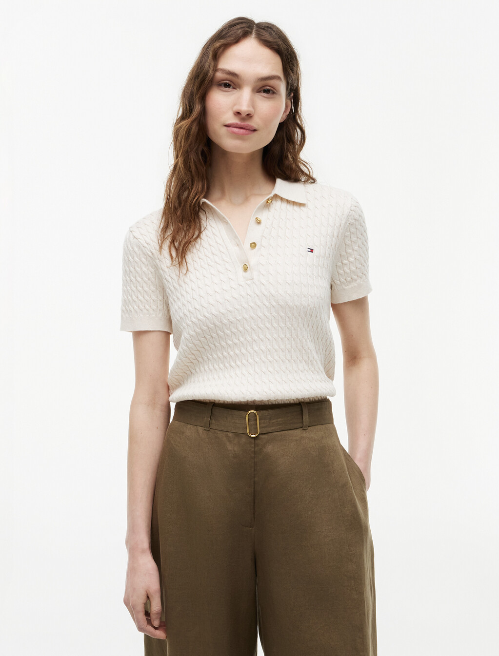 Fine Gauge Cable Knit Polo  Short Sleeve Jumper, Heather Ivory Petal, hi-res