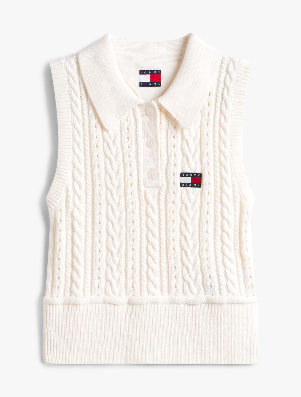 Tommy Badge Washed Cable Knit Polo Jumper, Ancient White, hi-res