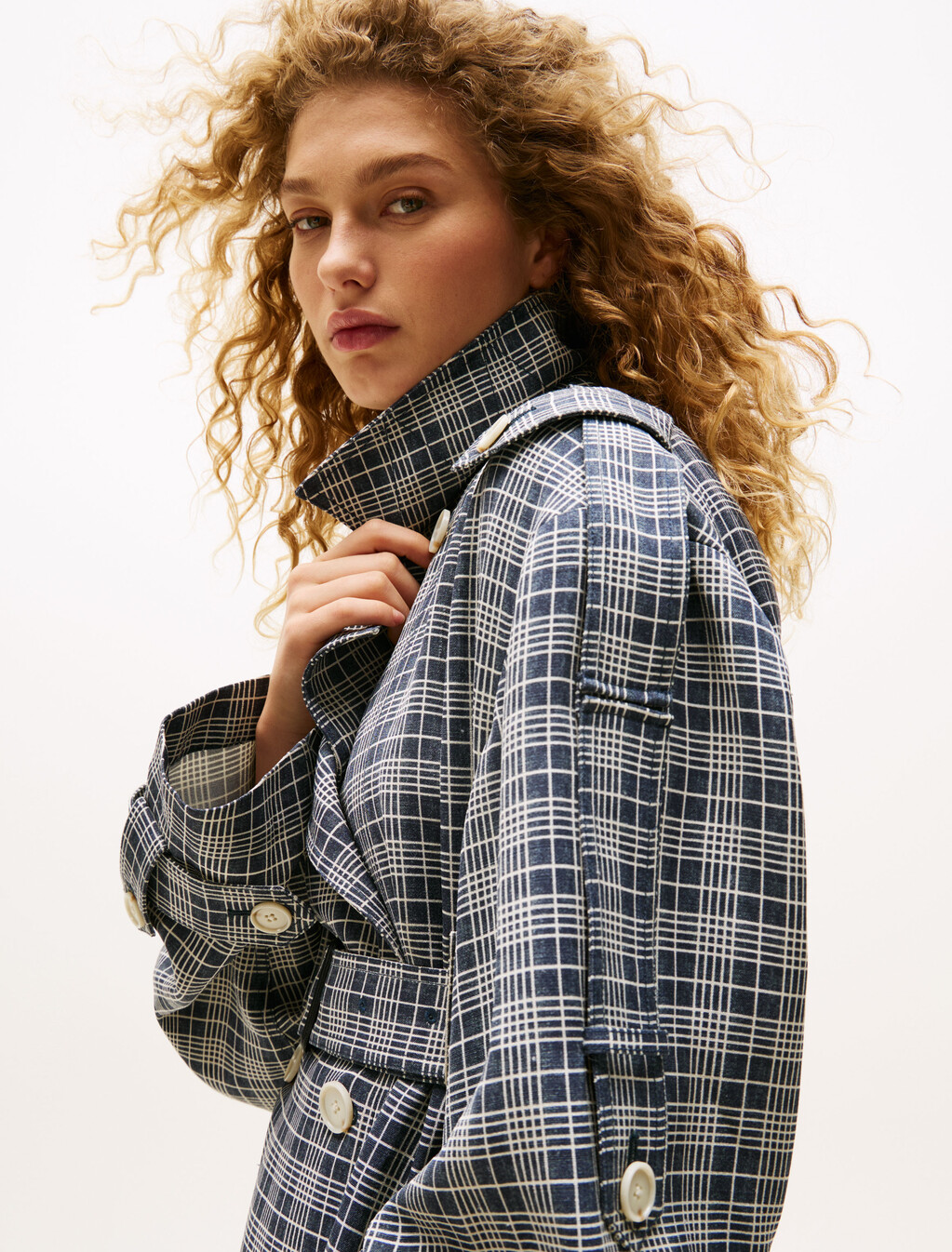 The Runway Collection Silk Blend Oversized Trench Coat, Navy Cream Check, hi-res