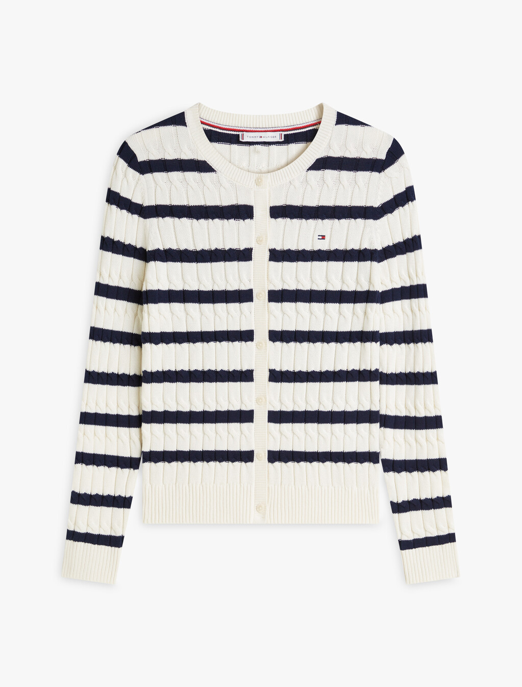 Mid-Gauge Cable Knit Round Neck Cardigan, Ivory Petal/Dark N Navy Stp, hi-res