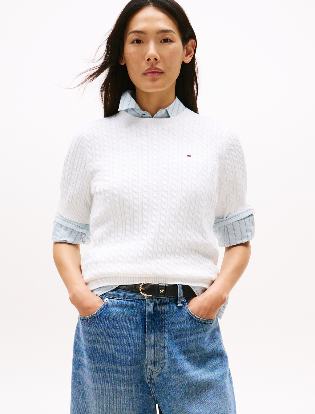 Cable Knit Short Sleeve Sweater, Ecru, hi-res