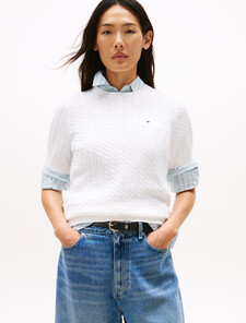 Cable Knit Short Sleeve Sweater, Ecru, hi-res