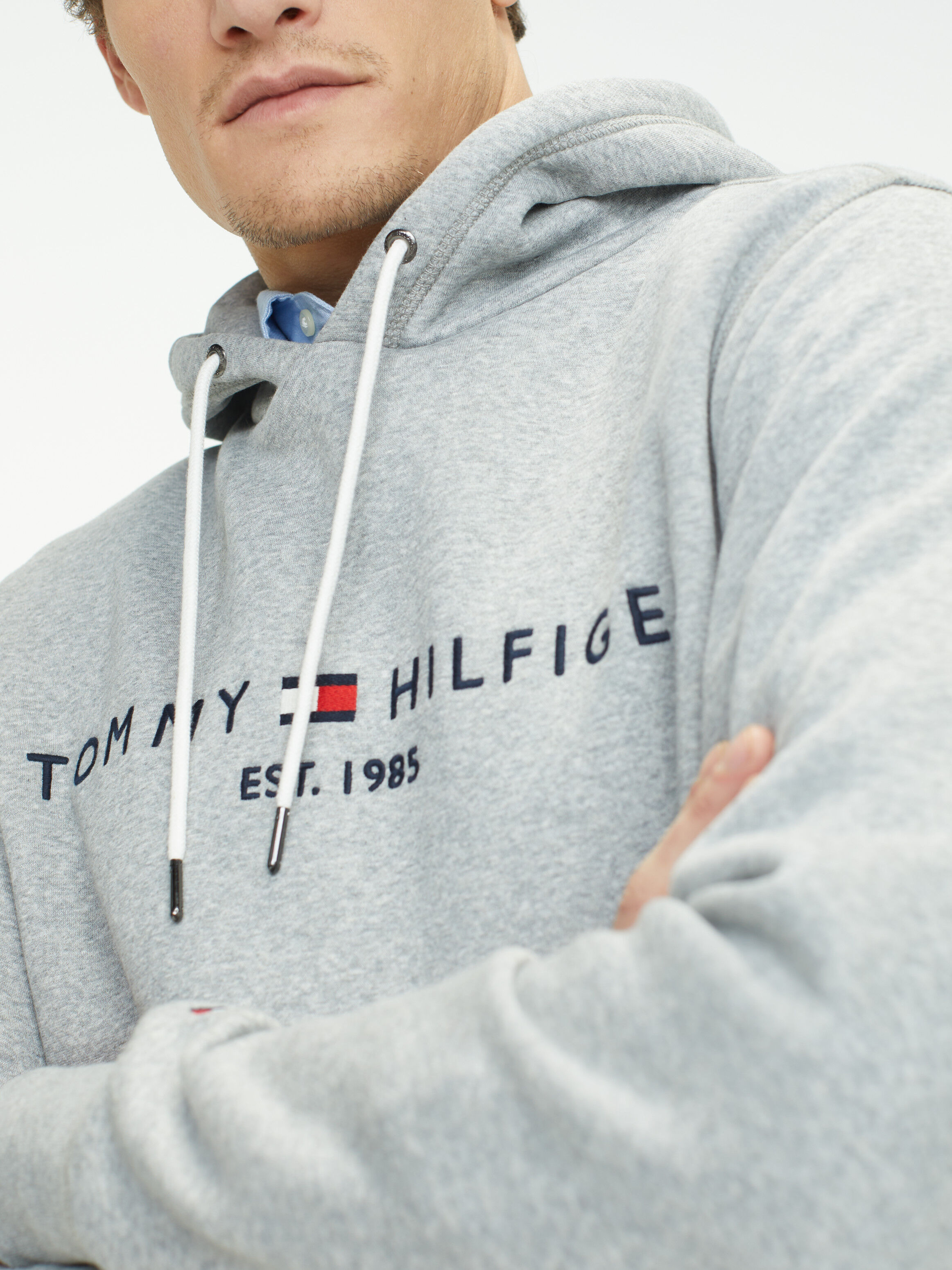 Mens grey tommy hilfiger hoodie discount