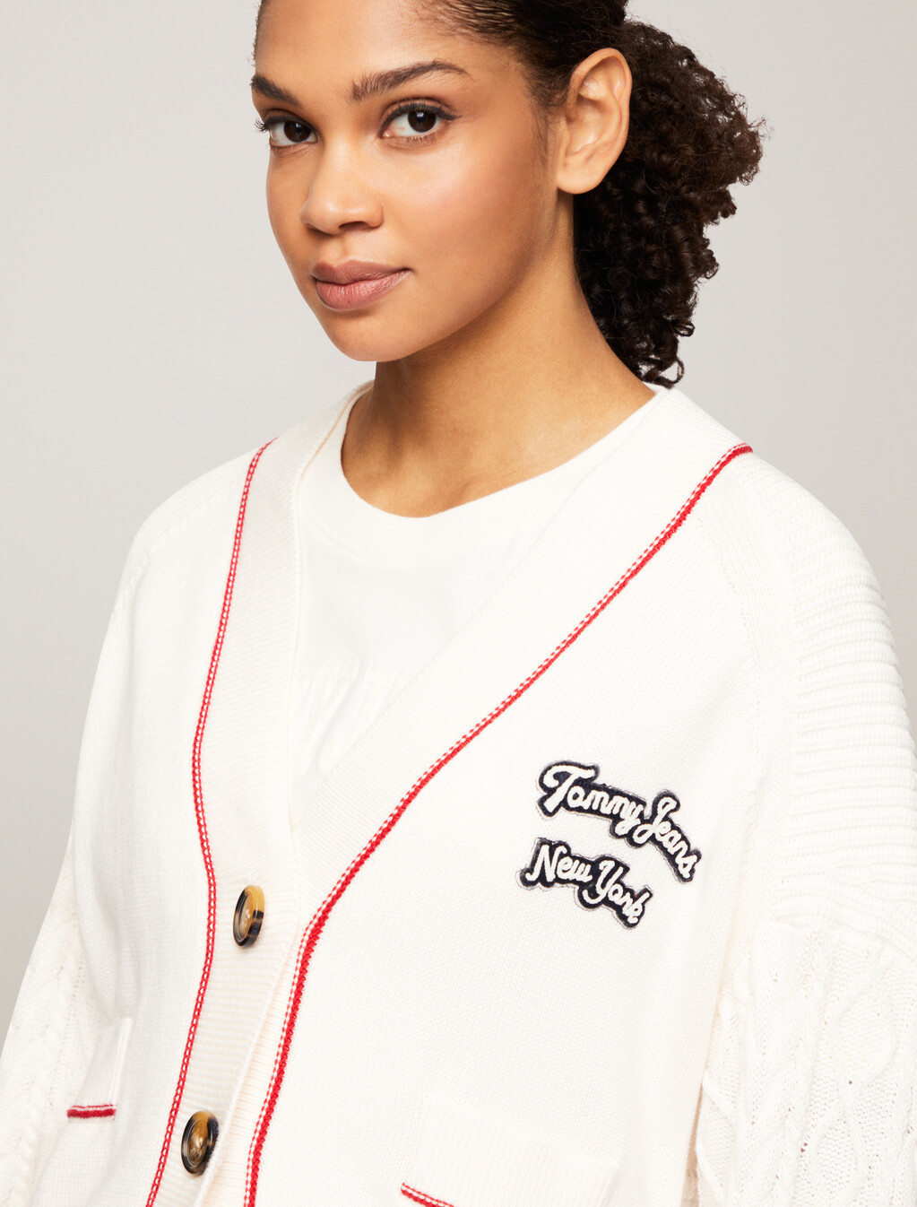 Varsity Cropped Cardigan, Ancient White, hi-res
