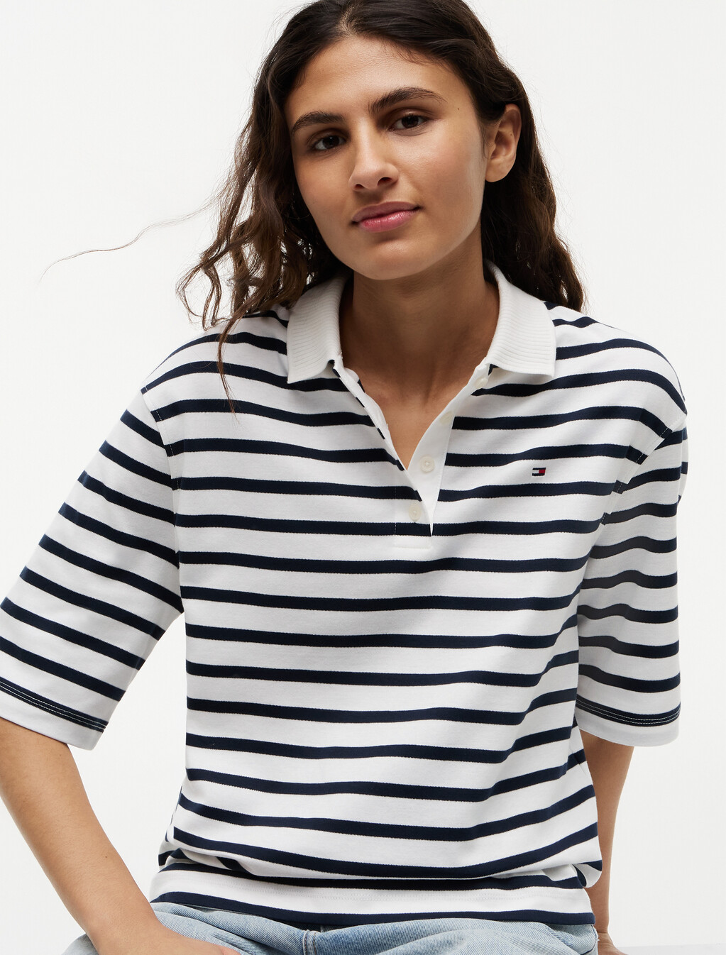 Relaxed Fit Interlock Knit Polo Shirt, Breton Stripe Ecru/Dark Night Navy, hi-res