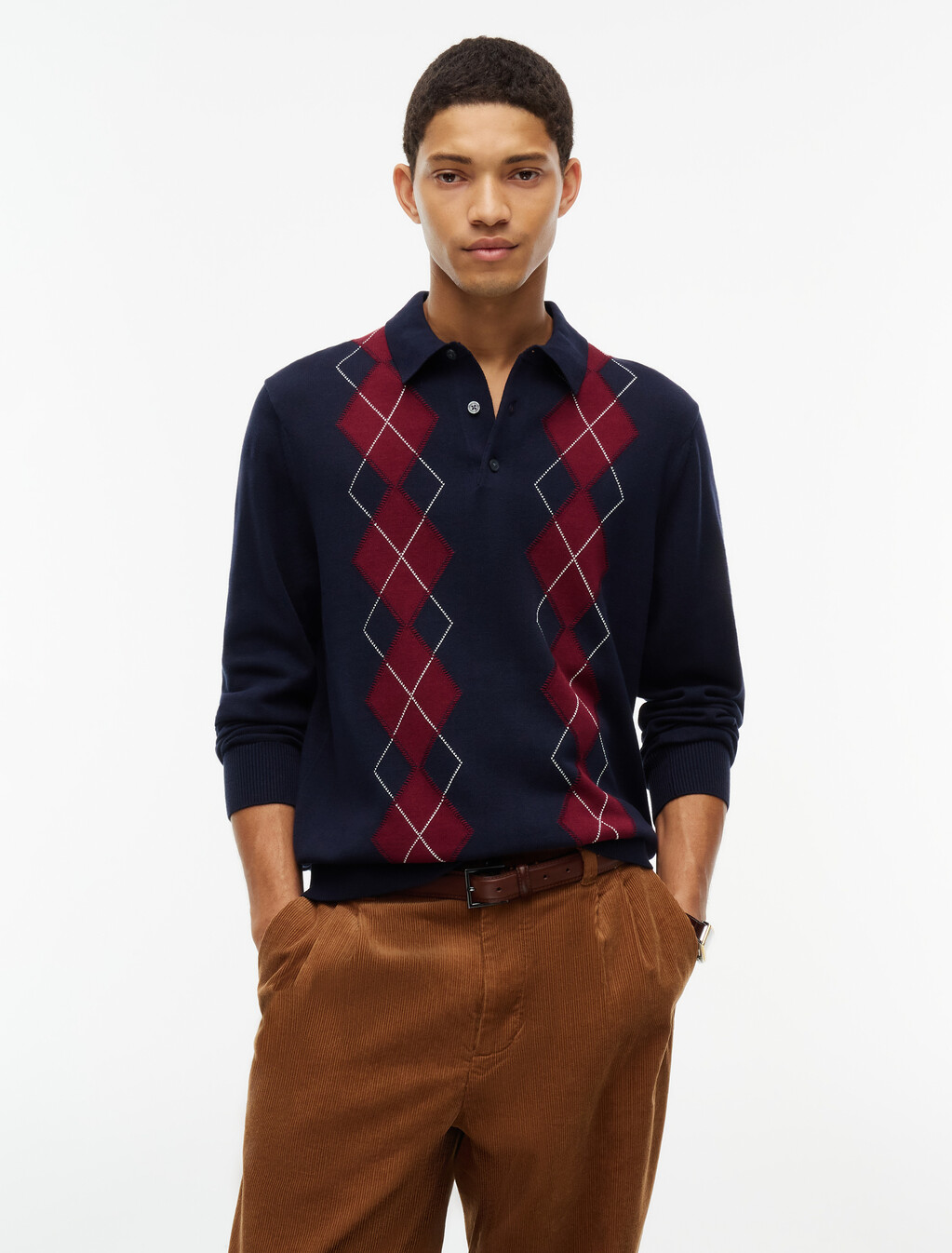 Flag Embroidery Argyle Polo Jumper, Navy Blue, hi-res