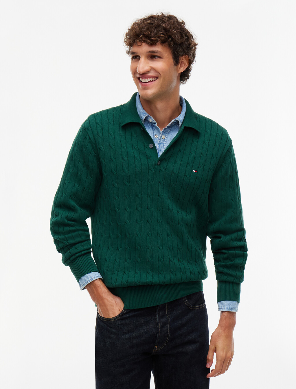 Cable Knit Polo Jumper, Ornamental Green, hi-res