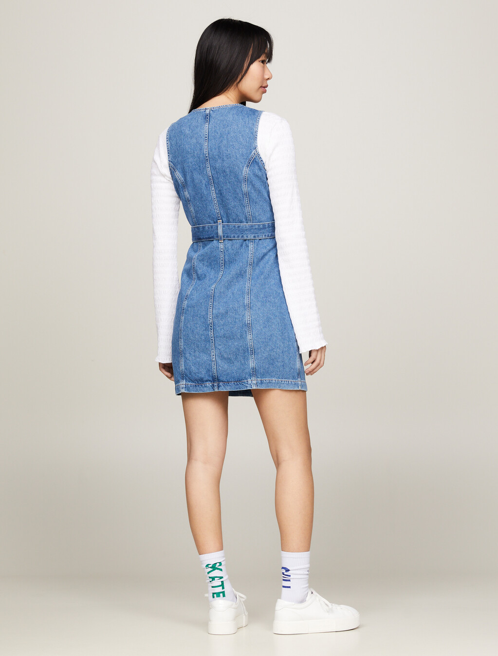 Belted Zip-Thru Denim Bodycon Dress, Denim Medium, hi-res