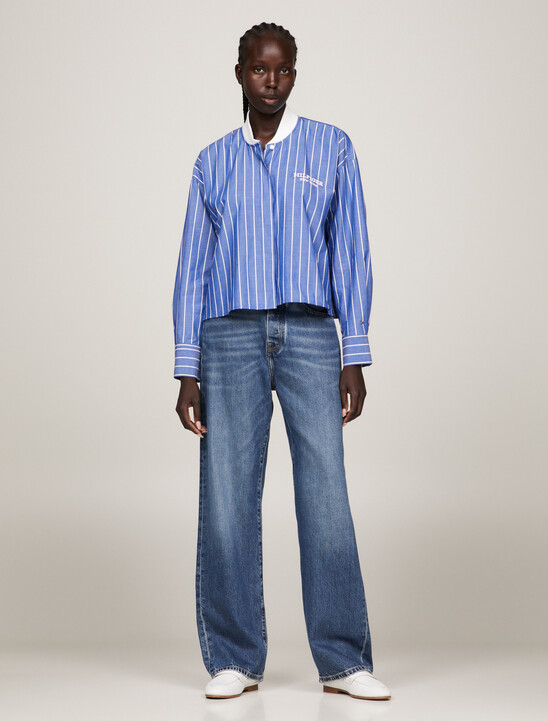 Baseball Stripe Rib-Knit Collar Cropped Shirt