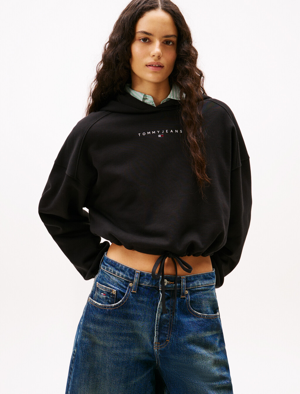 Cropped Rhinestone Logo Hoodie, Black, hi-res