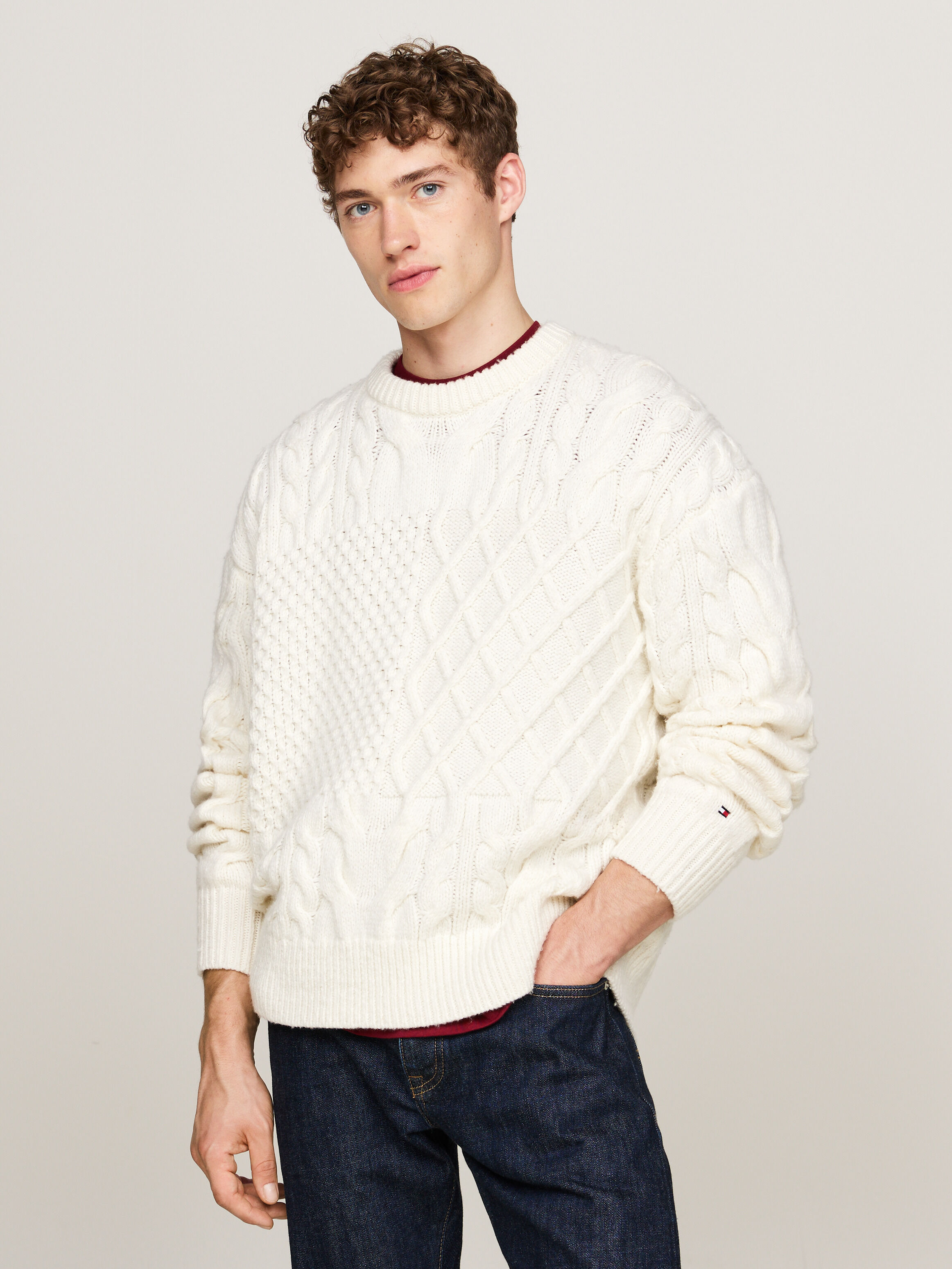 Wool Rich Cable Knit V Neck Jumper natural Tommy Hilfiger Singapore